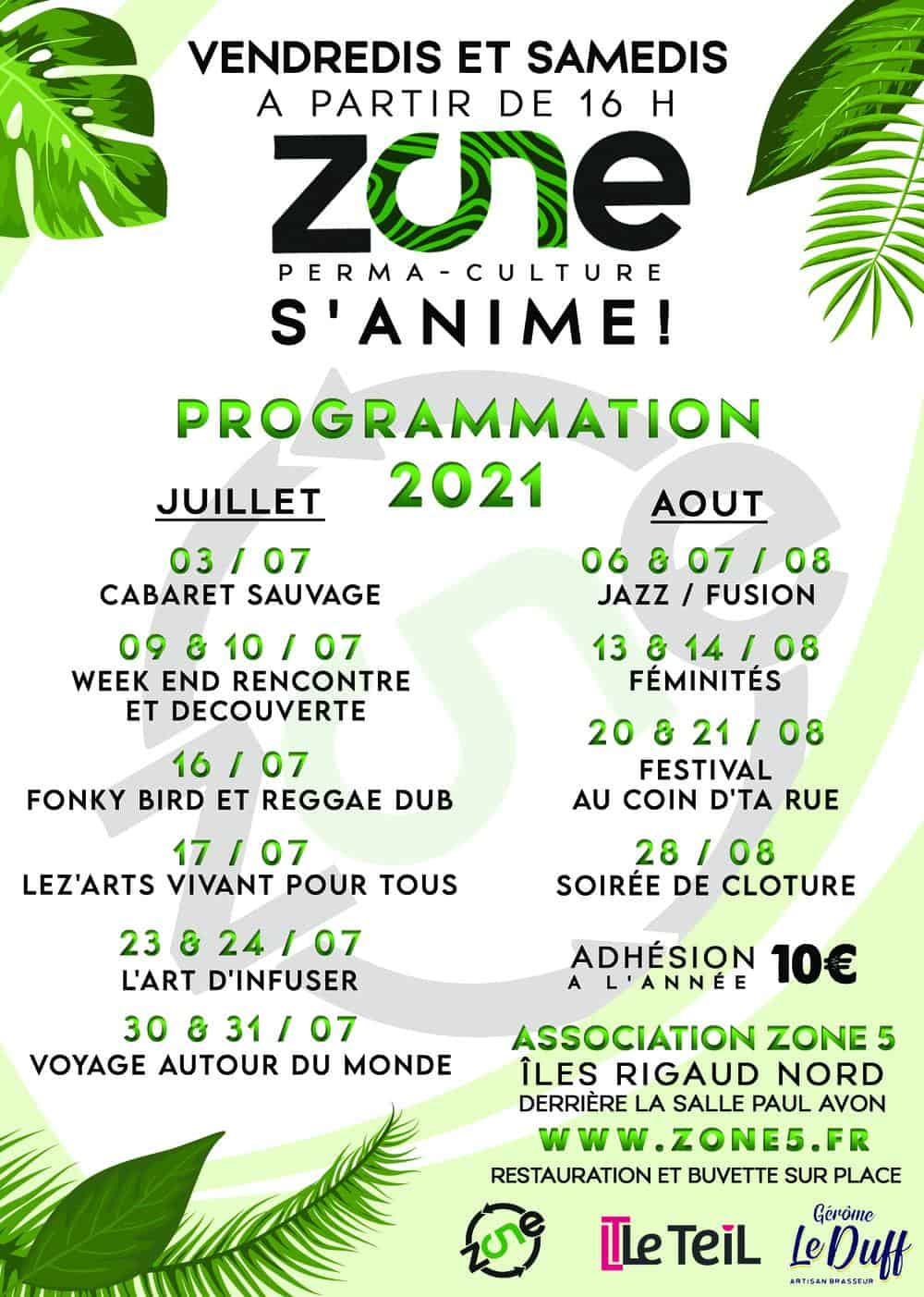 affiche de la programmation estival 2021 de l'association zone5 au teil en ardèche
